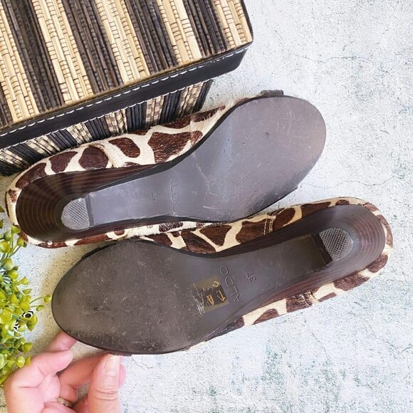 ALDO Comfortable Wedge Shoes Leather Animal Fur Casual Peep Toe Women's SZ 6.5 - Picture 10 of 11
